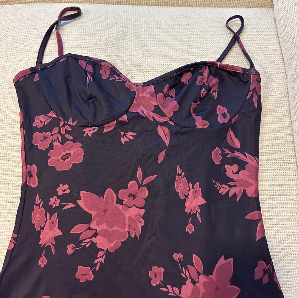 Black Midi Slip Dress with Burgundy Floral Print